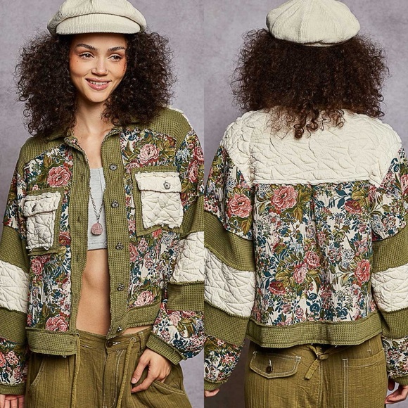 POL Jackets & Blazers - NEW POL Olive Cream Quilted Floral Patchwork Jacket Boho Cottagecore Size Large